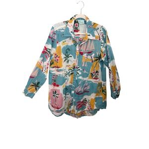 True Destinations Womens Button Down Shirt L Blue Tropical Seersucker Vacation